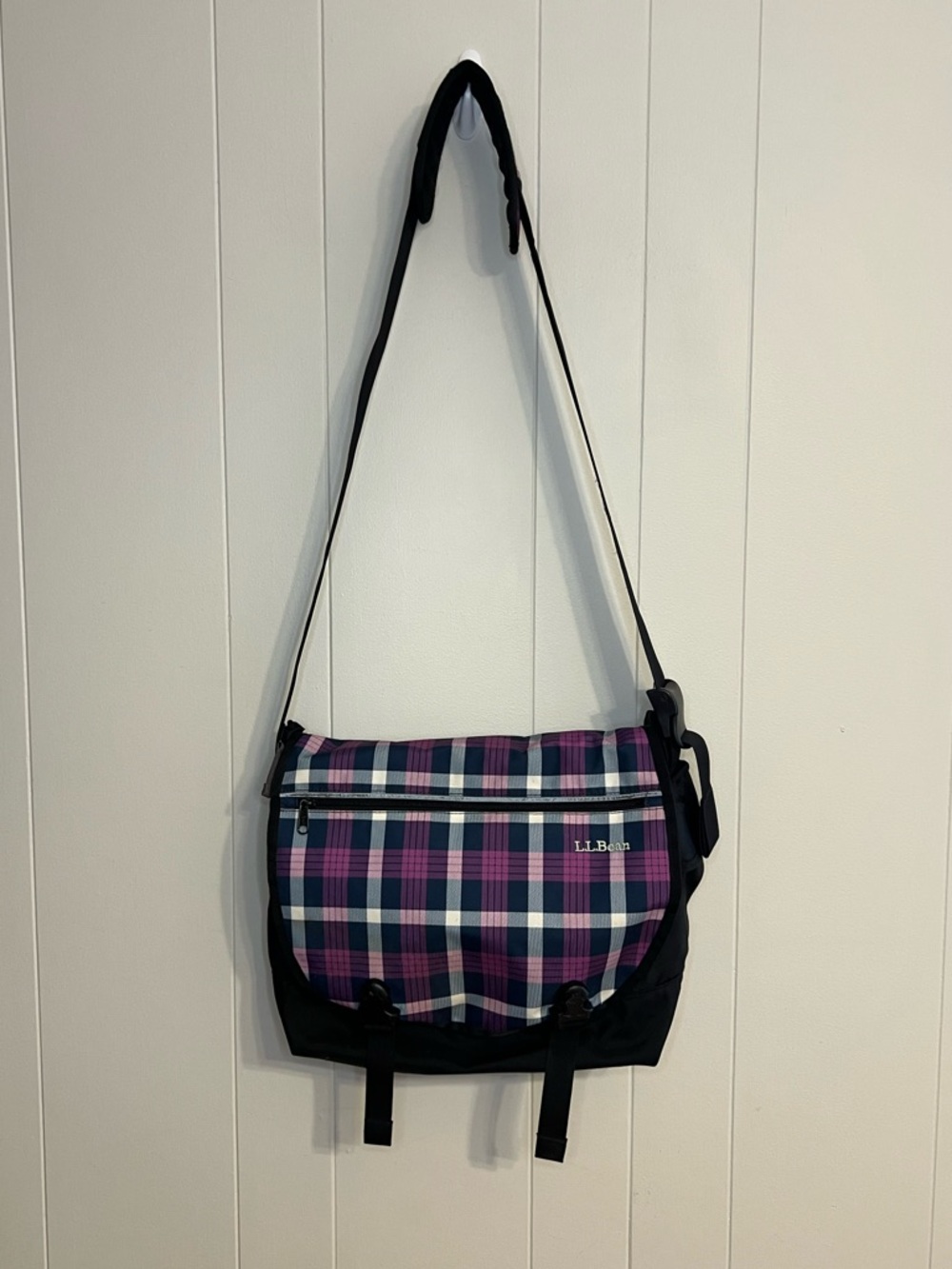 L.L.Bean Messenger bag in black and purple plaid